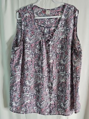 Terra & Sky Pink Navy White Paisley Cold-Shoulder Lace-Up Tank